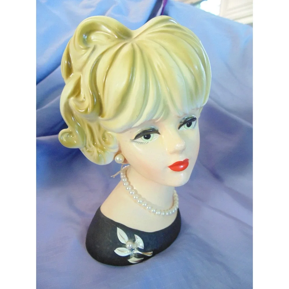 Vtg Lady Head Vase Napcoware C7472 Japan Black Dress Pearl Necklace Earrings